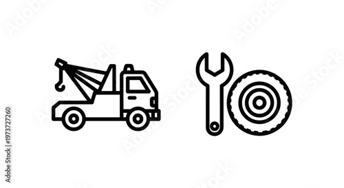 Tow truck and vehicle repair line icons representing roadside assistance and automobile service with flat tire with black and white with spare parts