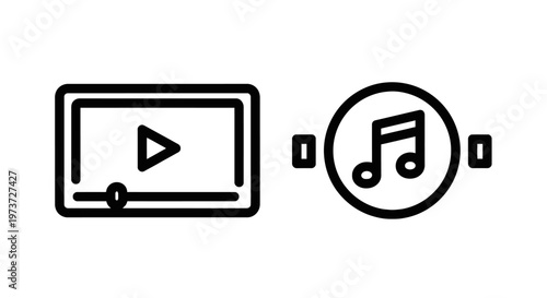 Digital player play button and musical note audio entertainment outline icons