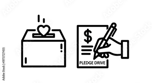 Donation box with heart and hand writing on pledge drive document icons for charitable giving with non profit with black and white with social work