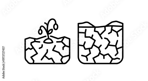 Wilting plant in cracked dry earth icon representing drought and climate change with dry soil with environmental issue with lack of water with line art
