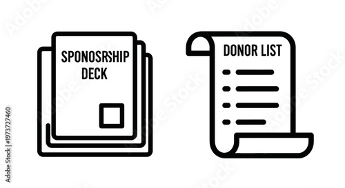 Sponsorship deck documents and donor list scroll icons for fundraising and charitable organization with non profit with black and white