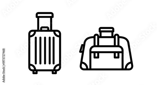 Travel luggage icons featuring rolling suitcase and duffel bag for vacation and trip with carry on with personal item with travel gear with travel icon