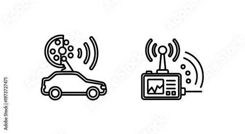 Wireless communication icons with car satellite antenna and handheld radio device emitting signals with internet of things with smart car with line art