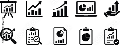 Data analysis and business growth icons in black and white