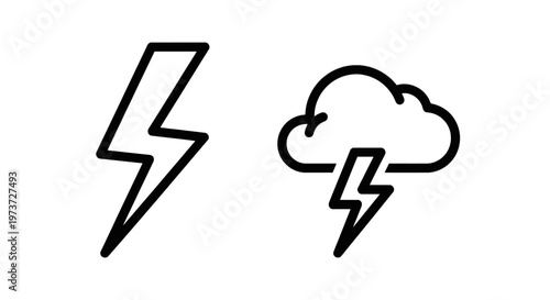 Lightning bolt and stormy cloud icon representing electricity, weather and power, climate change, black and white