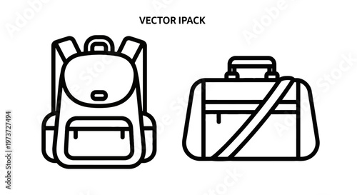 Backpack and duffel bag icons for travel, sport, and outdoor activities, line art, flat design