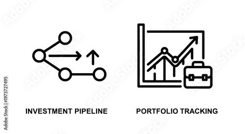 Investment pipeline and portfolio tracking icons for financial analysis and growth strategy with market analysis with black and white