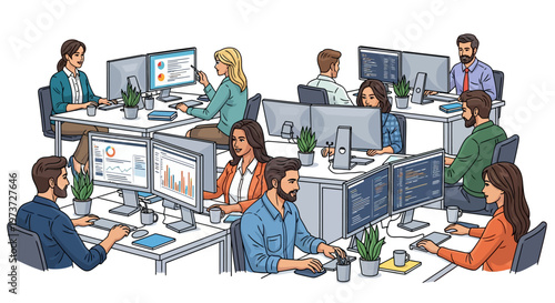 Diverse Team Working on Dual Monitors