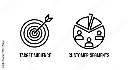 Target audience bullseye and customer segments pie chart business marketing icons