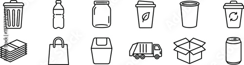 Line art illustration of various recycling and waste containers