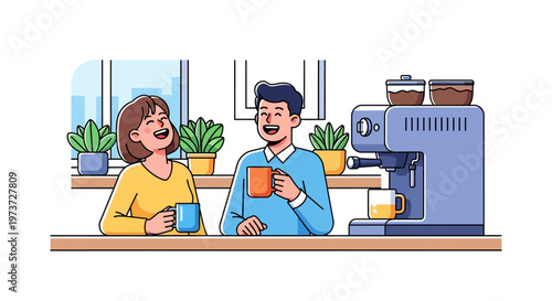 Happy Coworkers Chatting by Office Coffee Station