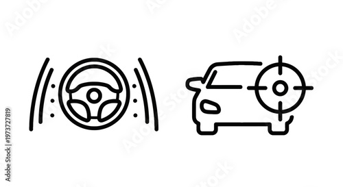 Autonomous driving and smart car technology icons with steering wheel sensors and vehicle target system with self driving with driving assistance