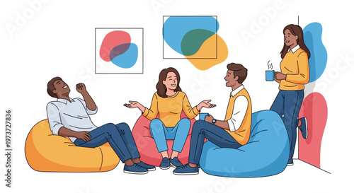 Happy Coworkers Chatting in Colorful Lounge