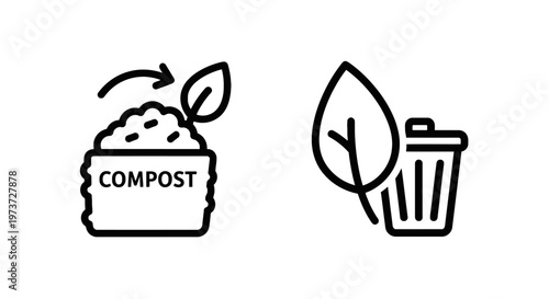 Compost bin and organic waste recycling icon with green leaf and trash can for environmental management and sustainable living with reduce waste