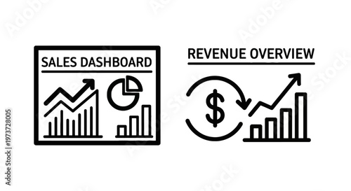 Professional sales dashboard and revenue overview icons showing financial data analytics through bar charts, line graphs, pie charts, and monetary indicators