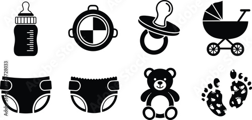 Vector art baby icons set for a coloring book with bottle pacifier stroller teddy bear diapers baby footprints feeding safety simple outline style cute minimal line