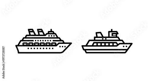 Outline icons of a luxury ocean cruise ship and a passenger ferry boat isolated on a white background for travel and maritime transport concepts