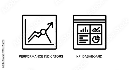 Business performance indicator and kpi dashboard line icons for data visualization and financial growth tracking in professional reports
