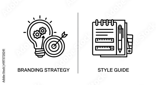 Branding strategy and style guide business icon set featuring lightbulb with gears, target with arrow, and design documentation with ruler and pen