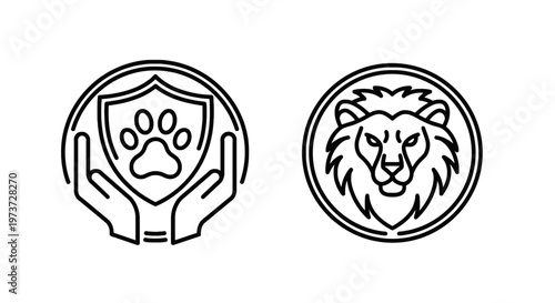 Animal welfare and wildlife conservation icon set featuring hands protecting a paw print shield and a professional lion head logo illustration with line art