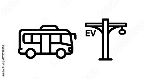 Electric public transport bus and ev charging station power pole icon graphic representing sustainable urban infrastructure and green transit solutions