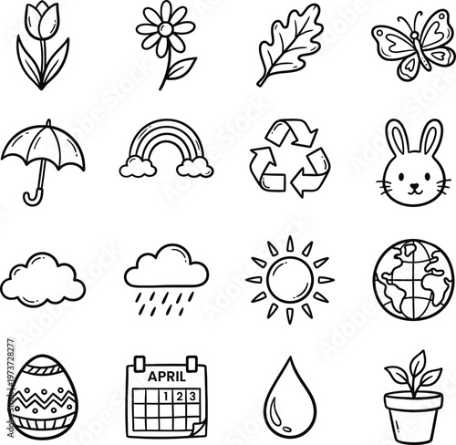 Springtime doodles flowers weather and nature icons in black lines