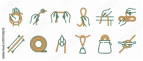 Rope knot tying guide icons set, nautical and utility techniques. Step by step cord handling, rigging manual, sailing hitches, survival skills, coil maintenance and industrial pulley mechanisms, vecto
