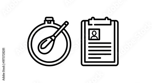 Business management icons featuring a stopwatch for time tracking and a clipboard resume for human resources recruitment and performance evaluation