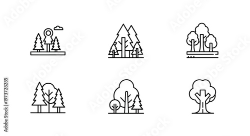 Set of linear forest and tree icons representing different types of woodland environments and nature conservation concepts in a clean minimalist style