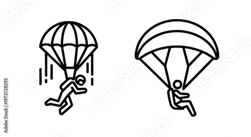 Extreme sport icons of a skydiver with a round parachute and a paraglider in flight representing air sports and adventure leisure activities