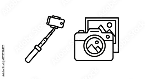 Digital photography and social media content creation tools with dslr camera and mobile phone selfie stick icons