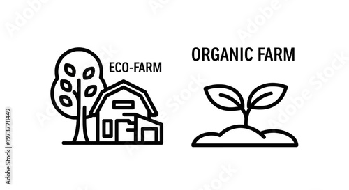 Black and white line icons for eco-farm and organic farm concepts featuring a barn house with trees and a small plant sprout growing in soil with eco system
