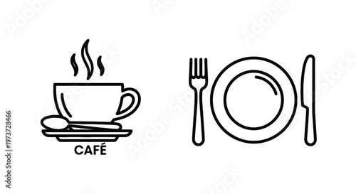 Restaurant and cafe icons featuring a steaming coffee cup with saucer and a dining place setting with plate fork and knife