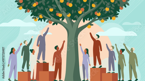 Diverse people reaching for fruit, illustrating social equity and opportunity