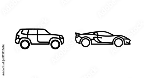 Car silhouette icons showcasing a side view outline of a modern suv and a low profile aerodynamic sports car