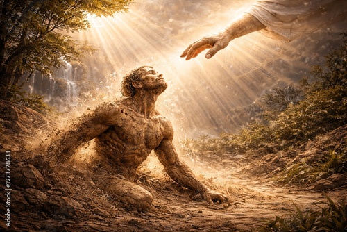 The hand of God touches a man formed from earth amid sunlight in a forest near a waterfall — a biblical scene of the creation of Adam in the style of classical painting