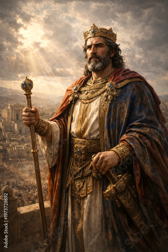 King Solomon in a golden crown and luxurious robes with a scepter stands above an ancient city against a radiant sky — a majestic portrait of a biblical king in the style of classical painting