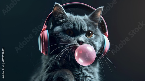 gray cat blowing bubble gum and wearing headphones, hyper-realistic