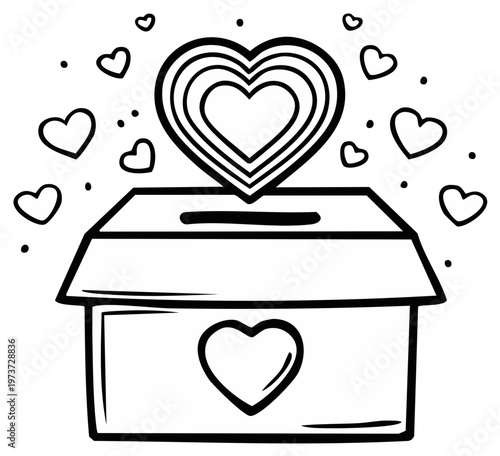 Charity donation box with radiating hearts and gratitude symbols for giving love and support