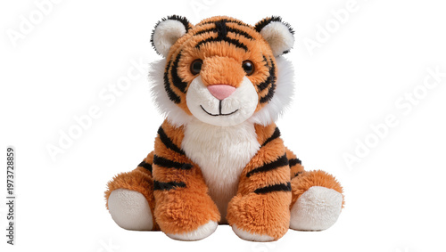 Photos Orange striped plush tiger toy sitting with paws