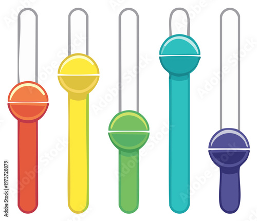 Colorful graphic illustration of five sliding scale controls on a white background