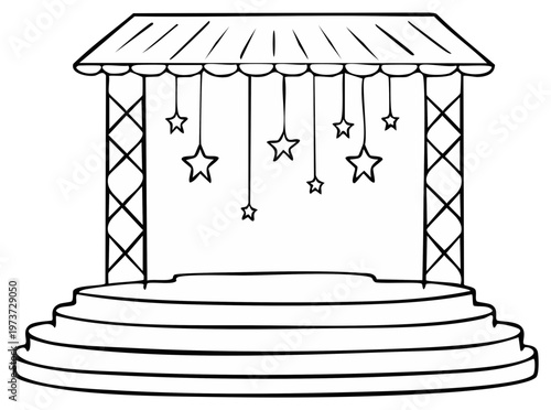 Empty outdoor stage with tiered steps and hanging star decorations under a peaked roof supported by truss structures