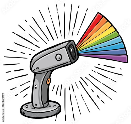 Cartoon Scanner Illustration Emitting a Rainbow Laser Beam with Radial Rays and Handheld Grip