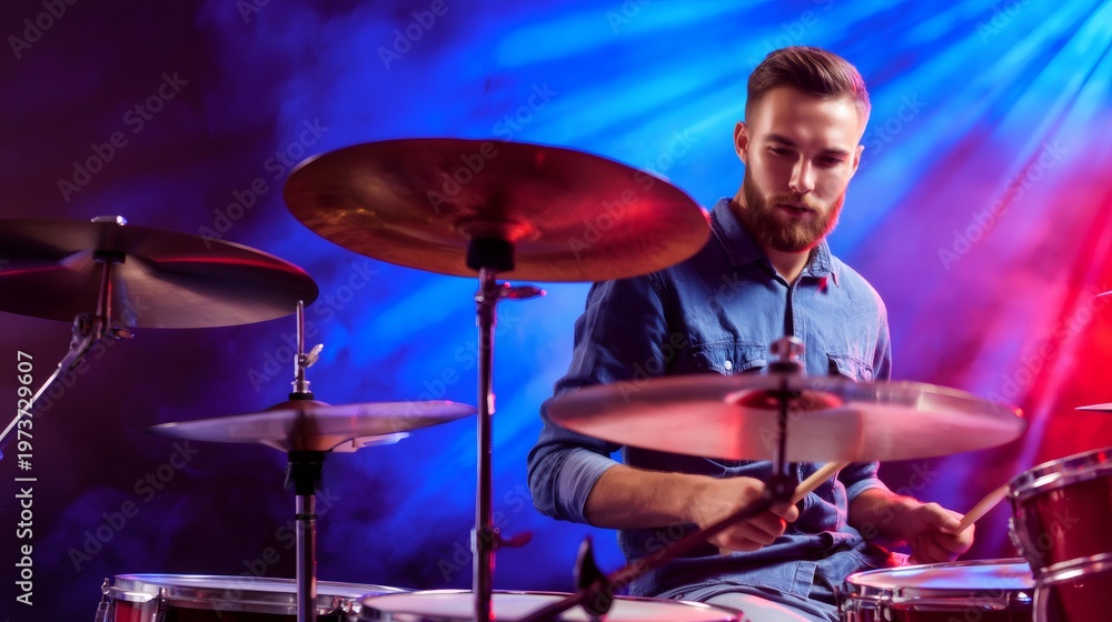 Obraz premium Drummer playing drums during live concert performance