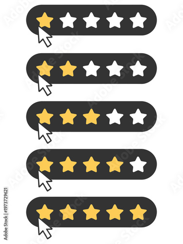 one to five star rating icons, rate us and review elements, customer feedback concept in vector style, isolated on grey background, perfect for digital platforms, app design, and online service evalua