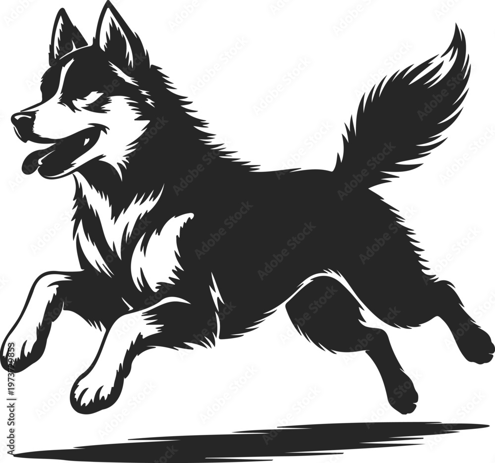 Fototapeta premium Happy Dog Running Silhouette Black Vector Illustration of Playful Pet
