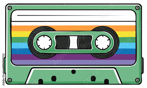 Vintage Cassette Tape with Colorful Stripes, Retro Audio Technology, Nostalgic Music Media