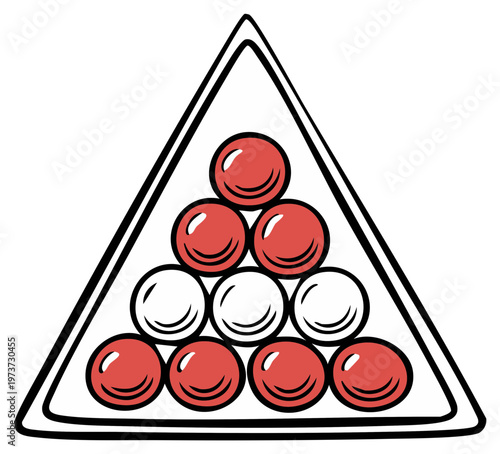 Triangle rack of red and white billiard balls set up for a game of pool or snooker