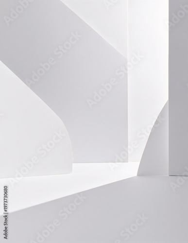 Minimalist white gallery room with soft natural light, featuring a large abstract geometric pattern on the wall and a smooth polished floor