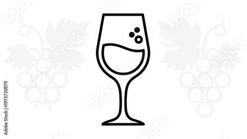 Elegant wine glass outline icon with a drink and bubbles, complemented by subtle grape vine silhouettes in the background, perfect for wine themes.